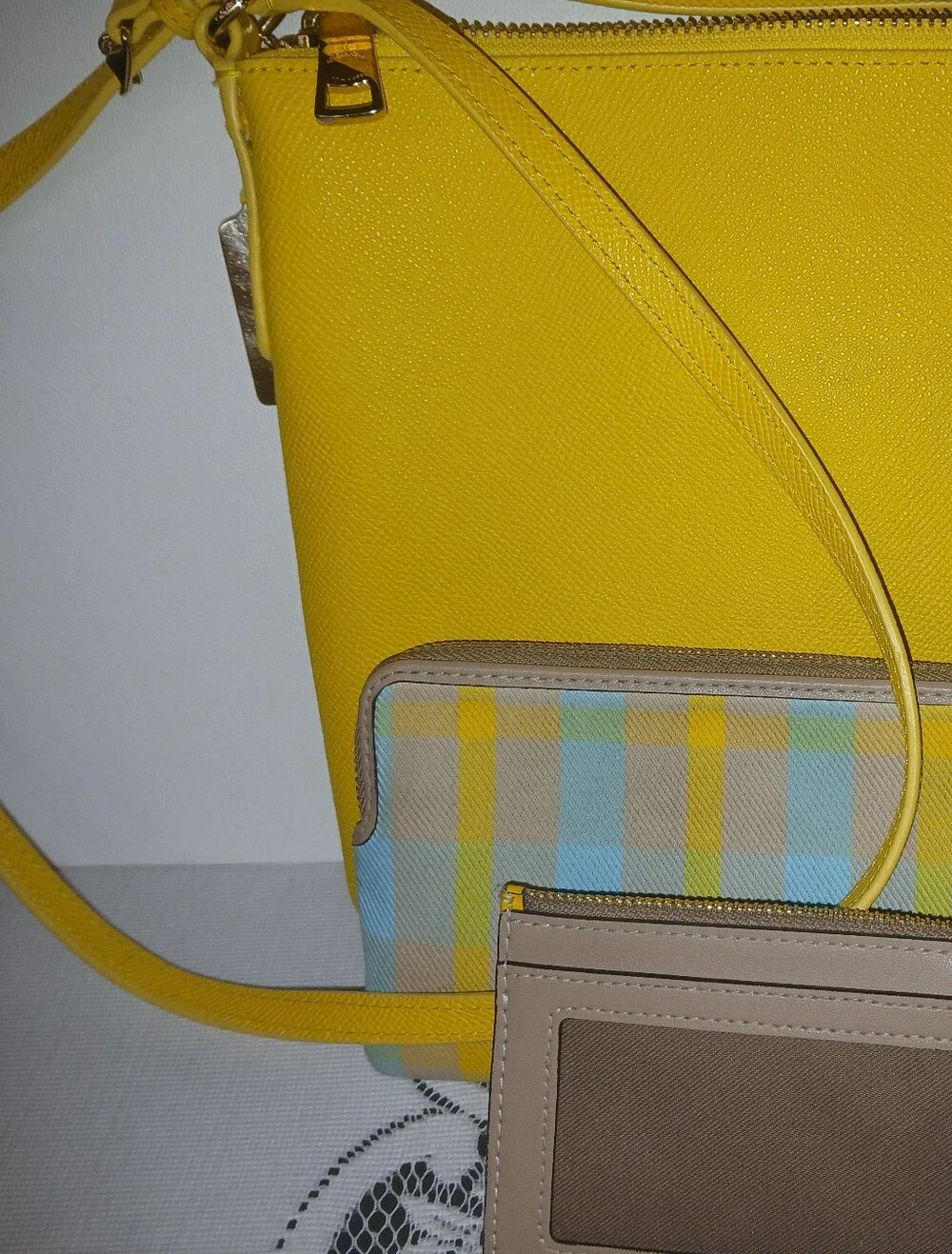 COACH Yellow Crossbody Bag with Plaid Wallet and Card Case